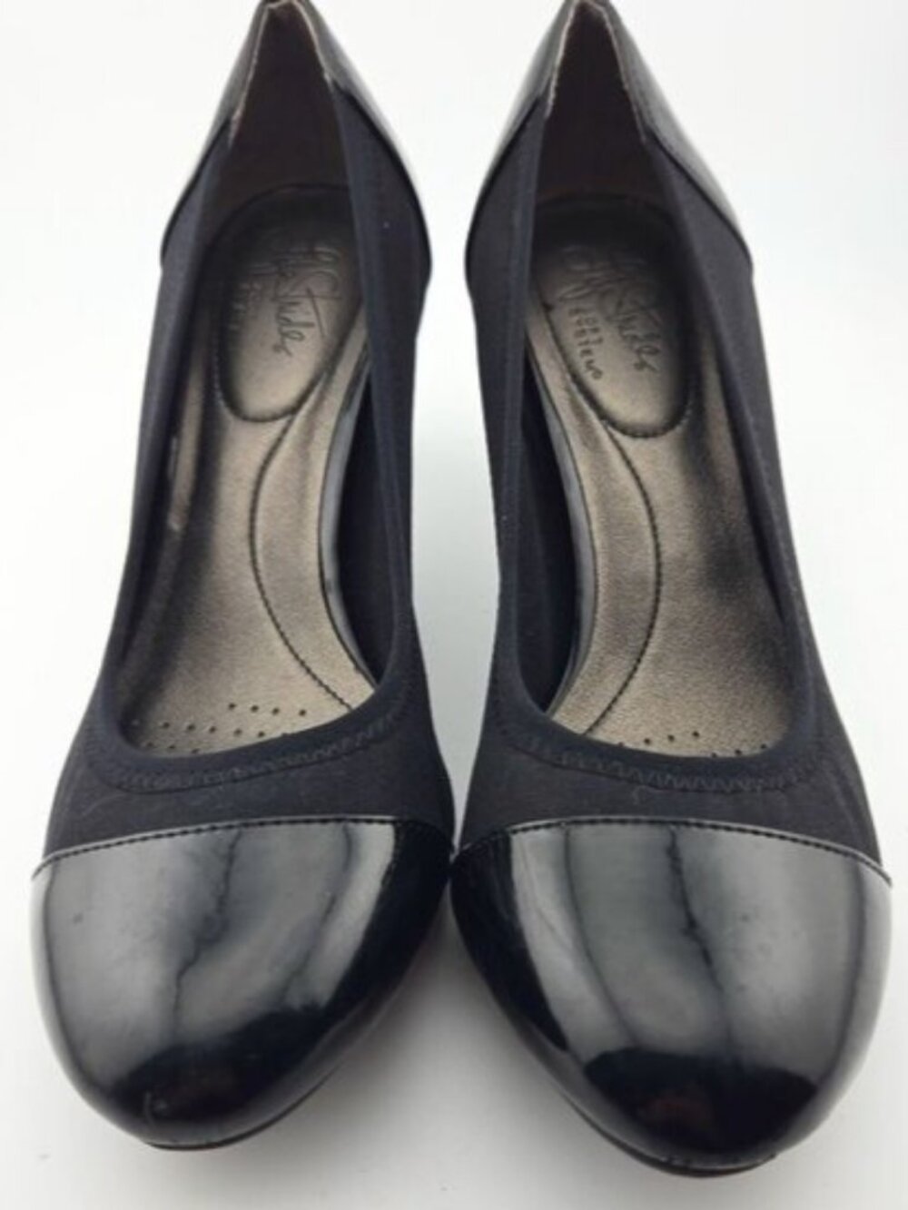 LifeStride Pasha Comfort Pumps Black Stretch Fabric Patent Cap Toe Size 8.5M